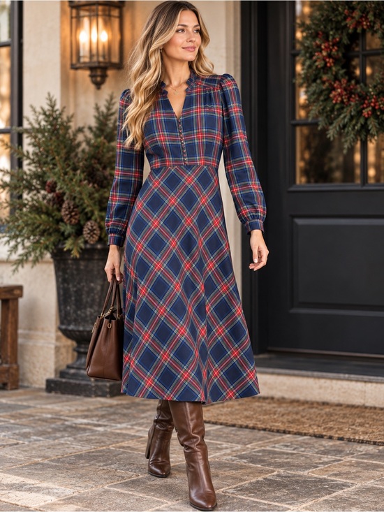 Boden Dresses & Skirts - Boden Cassie Check Tea Dress 8P Navy Tartan Plaid Long Sleeve Holiday #521